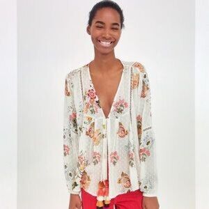 Zara Floral Embroidered Tie Front Sheer Blouse With Pom Pom Tassels Size Small